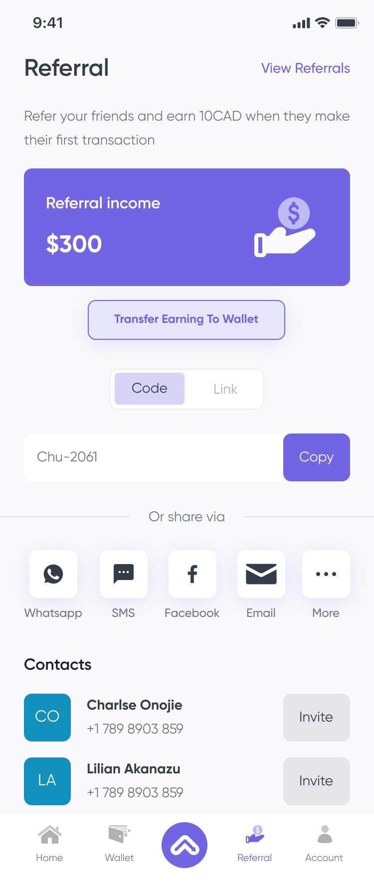 Referral screen with income, code and share options