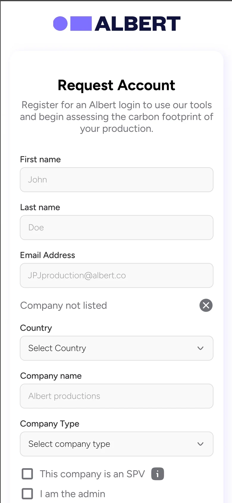 Company not listed form with country, company type and SPV option