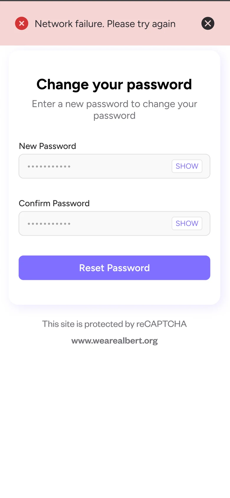 Change password screen with a network failure banner