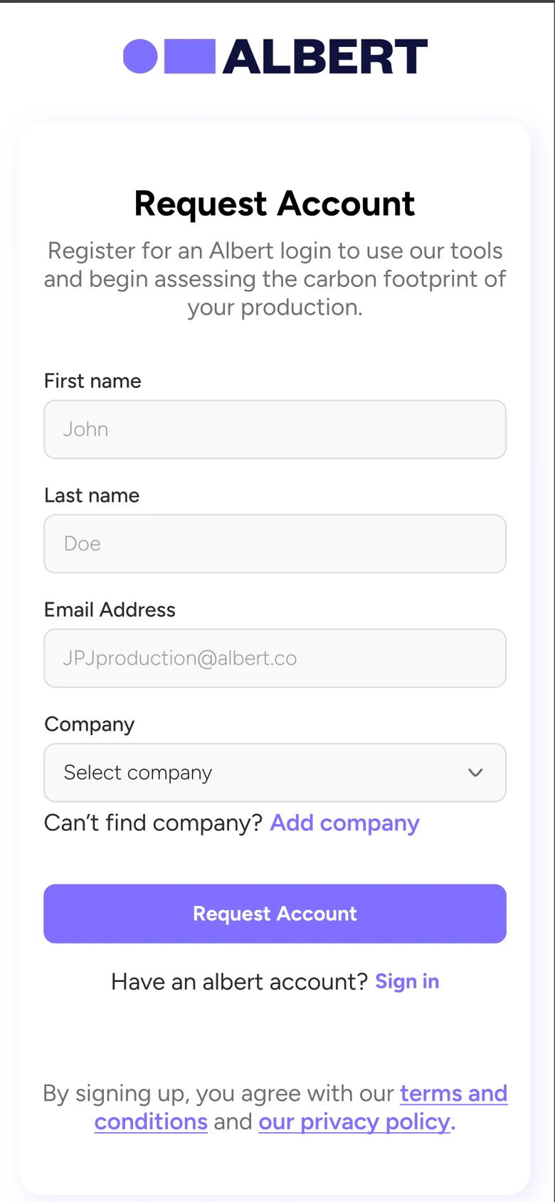 albert on a phone: request account form with visible labels and an add company option
