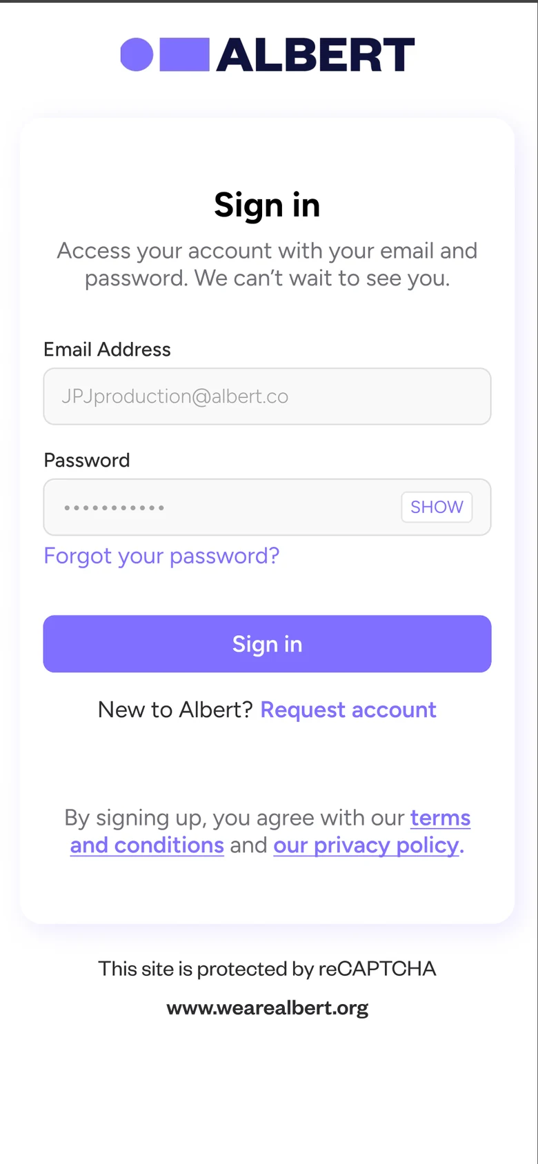 Sign in screen