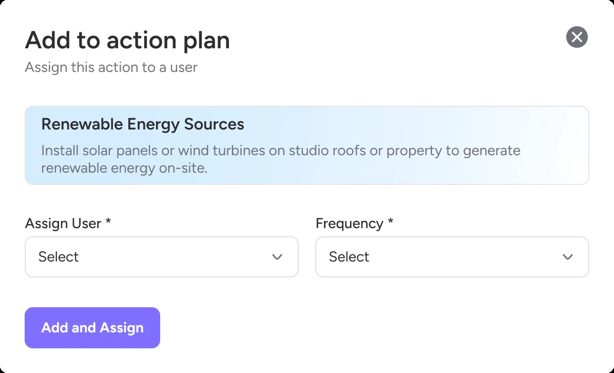 Add to action plan dialog with assign user and frequency