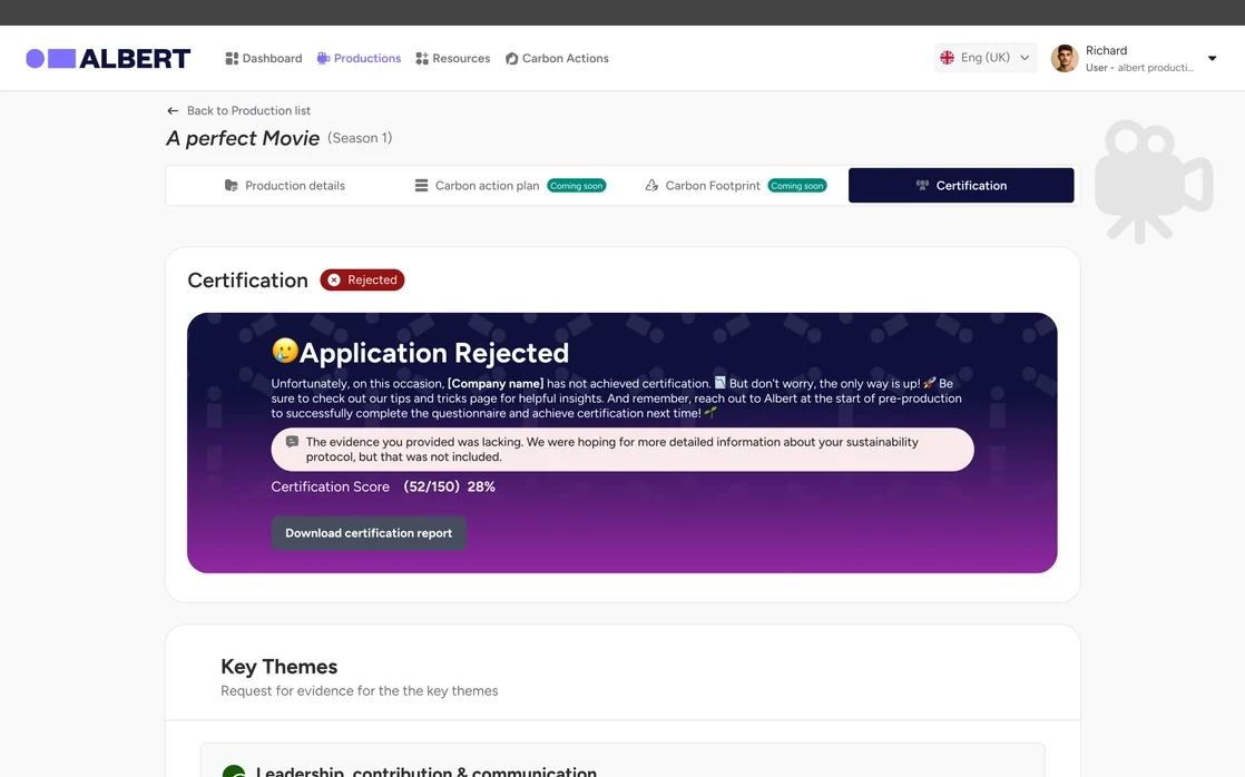 Certification result with evidence and assessor feedback for each answer