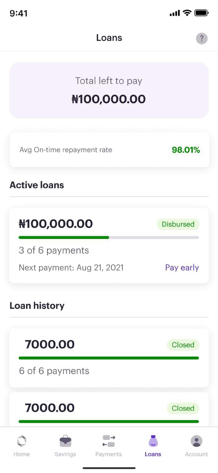 Redesigned Carbon loans dashboard showing total left to pay, active loans and loan history