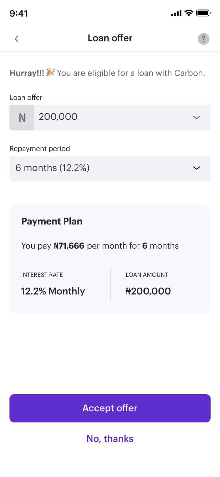 Loan offer with tenor, monthly payment and interest rate