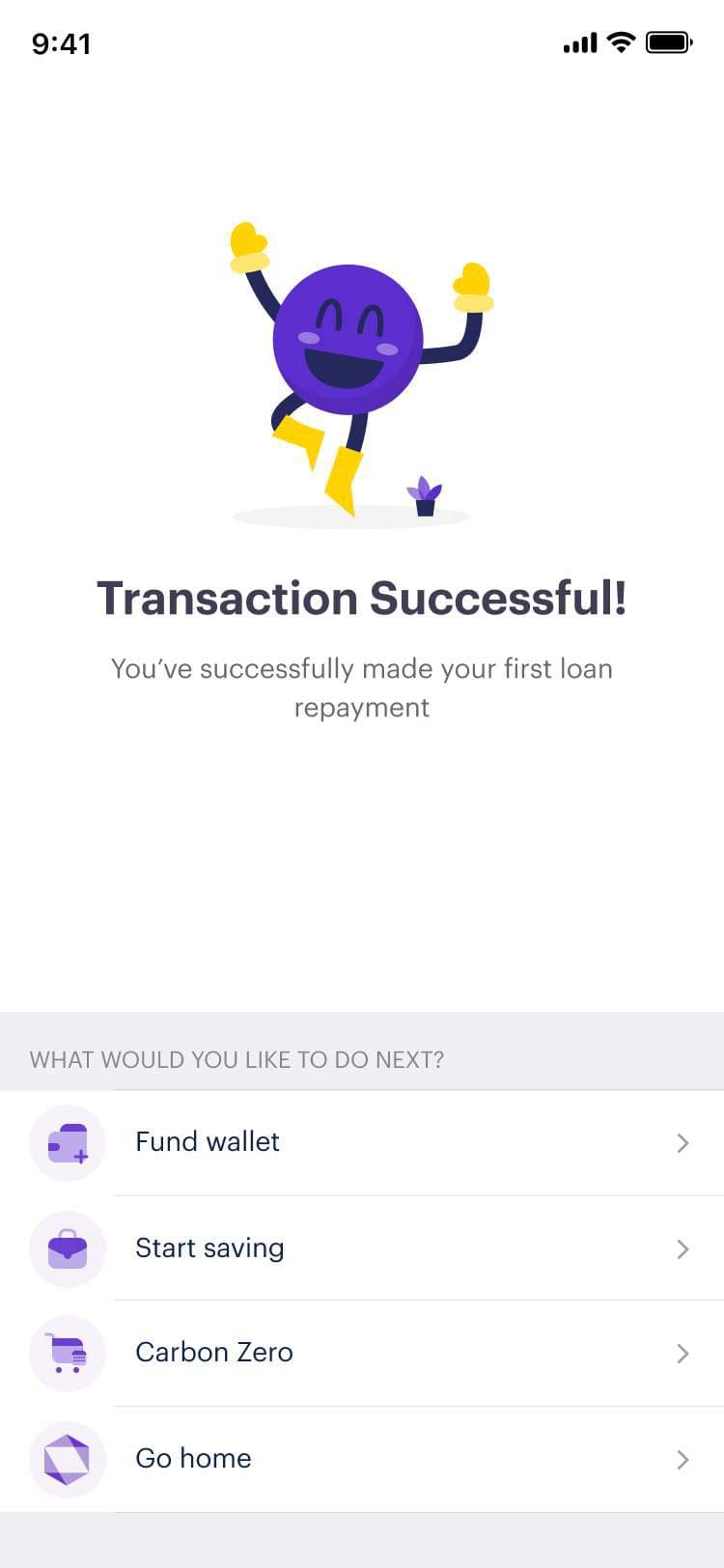 Repayment successful celebration screen