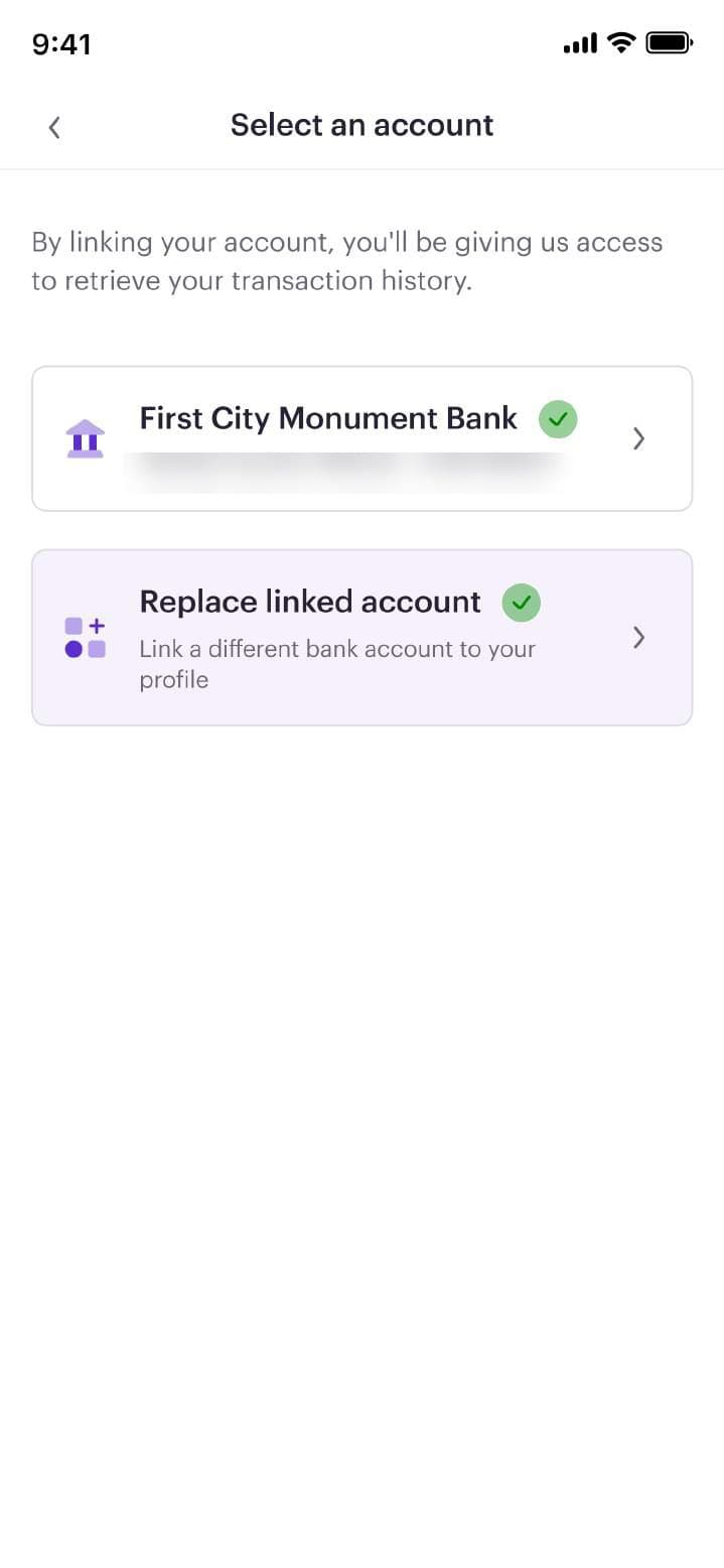 Select a bank account to share statements (details blurred)