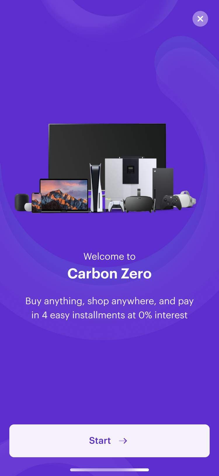 Carbon Zero welcome screen: buy anything, pay in 4 at 0% interest