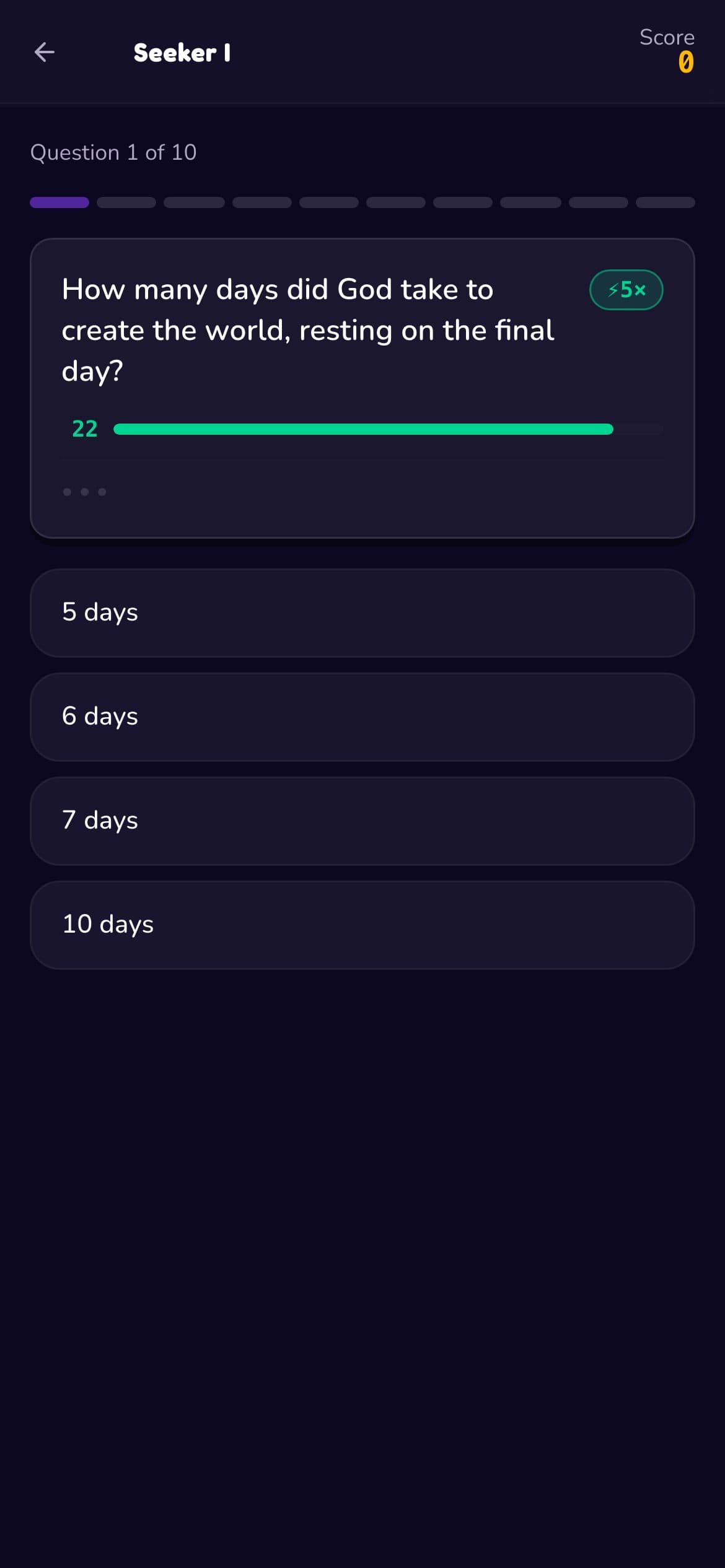 A question with a countdown bar, speed multiplier and four answer options