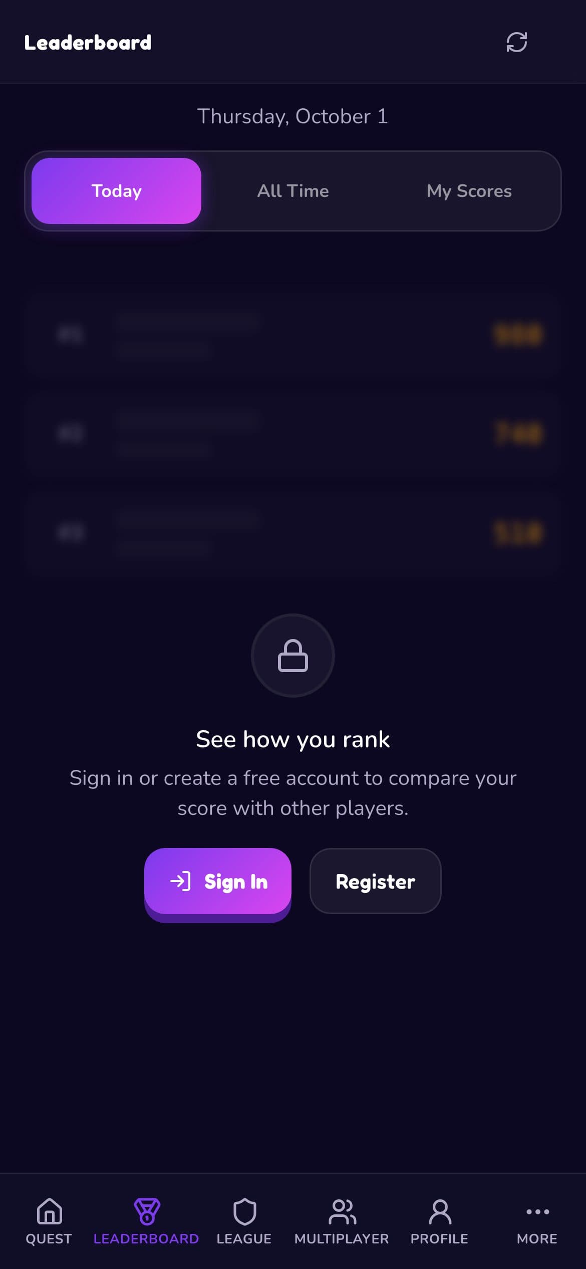 Leaderboard blurred for guests with a prompt to sign in
