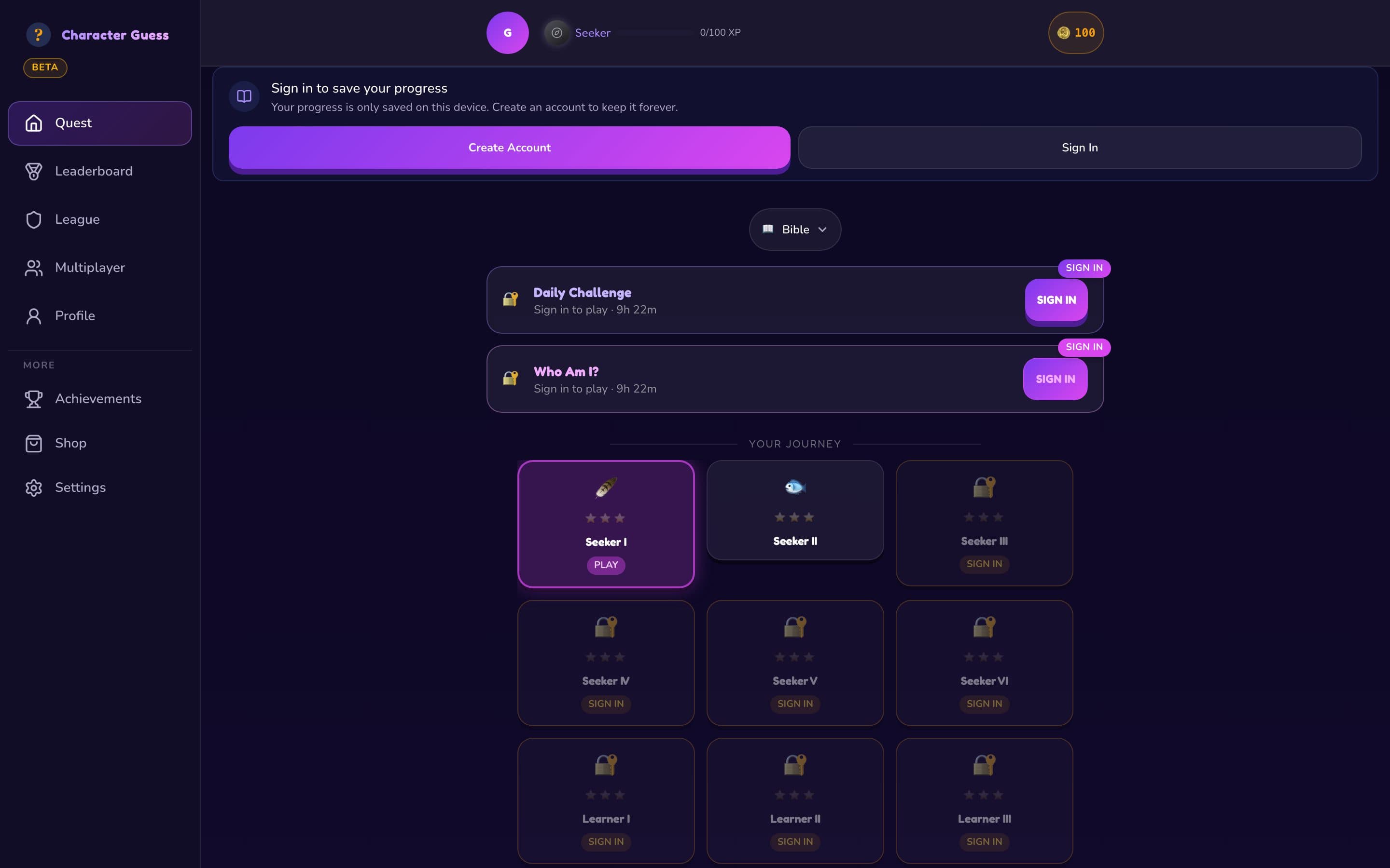 Desktop level map with sidebar navigation in dark mode