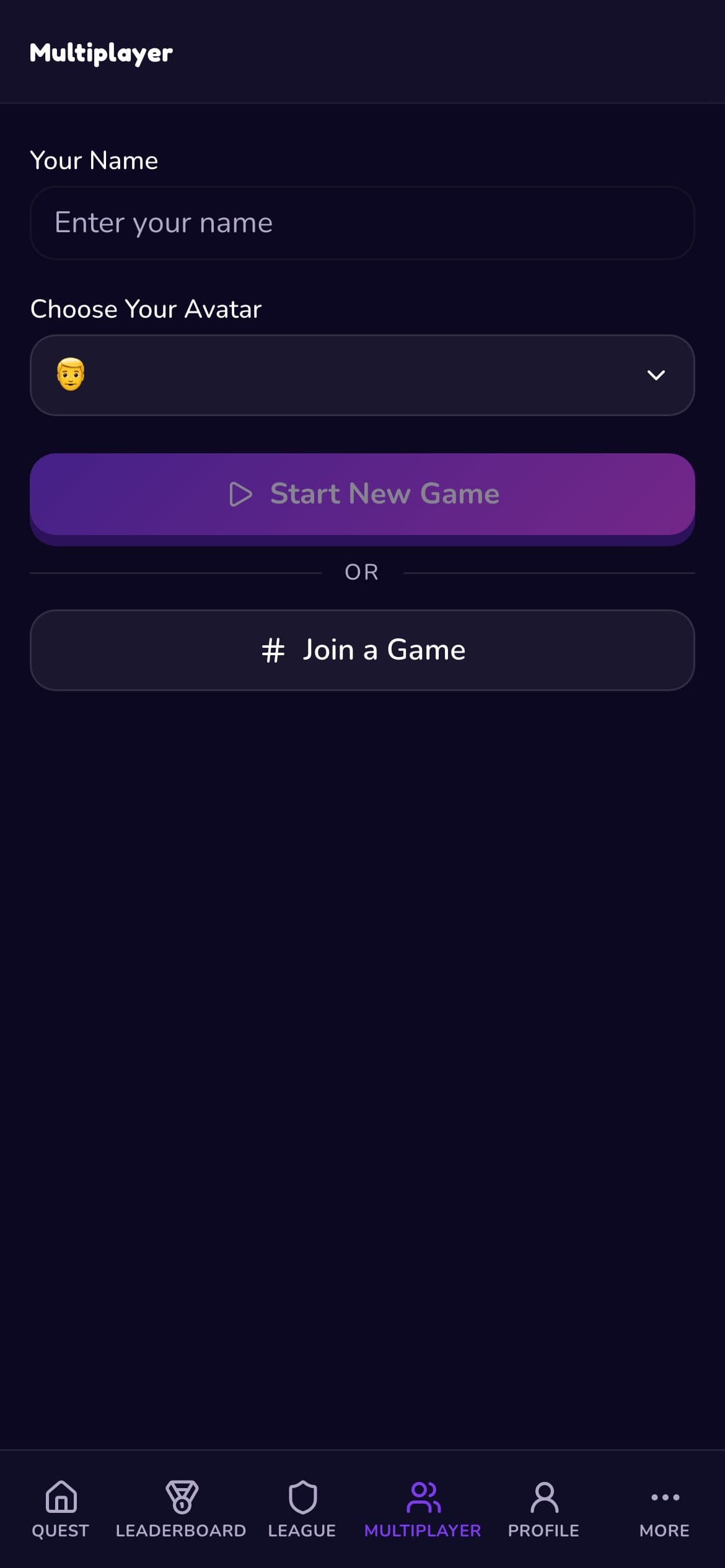 Multiplayer lobby to start a new game or join with a code