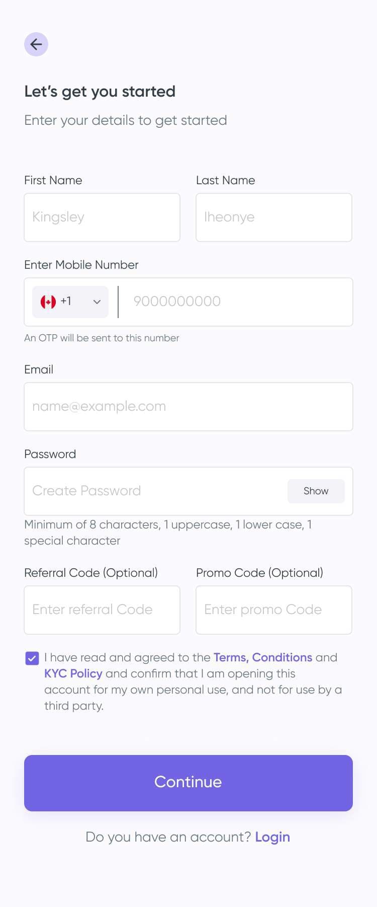 Short sign-up form