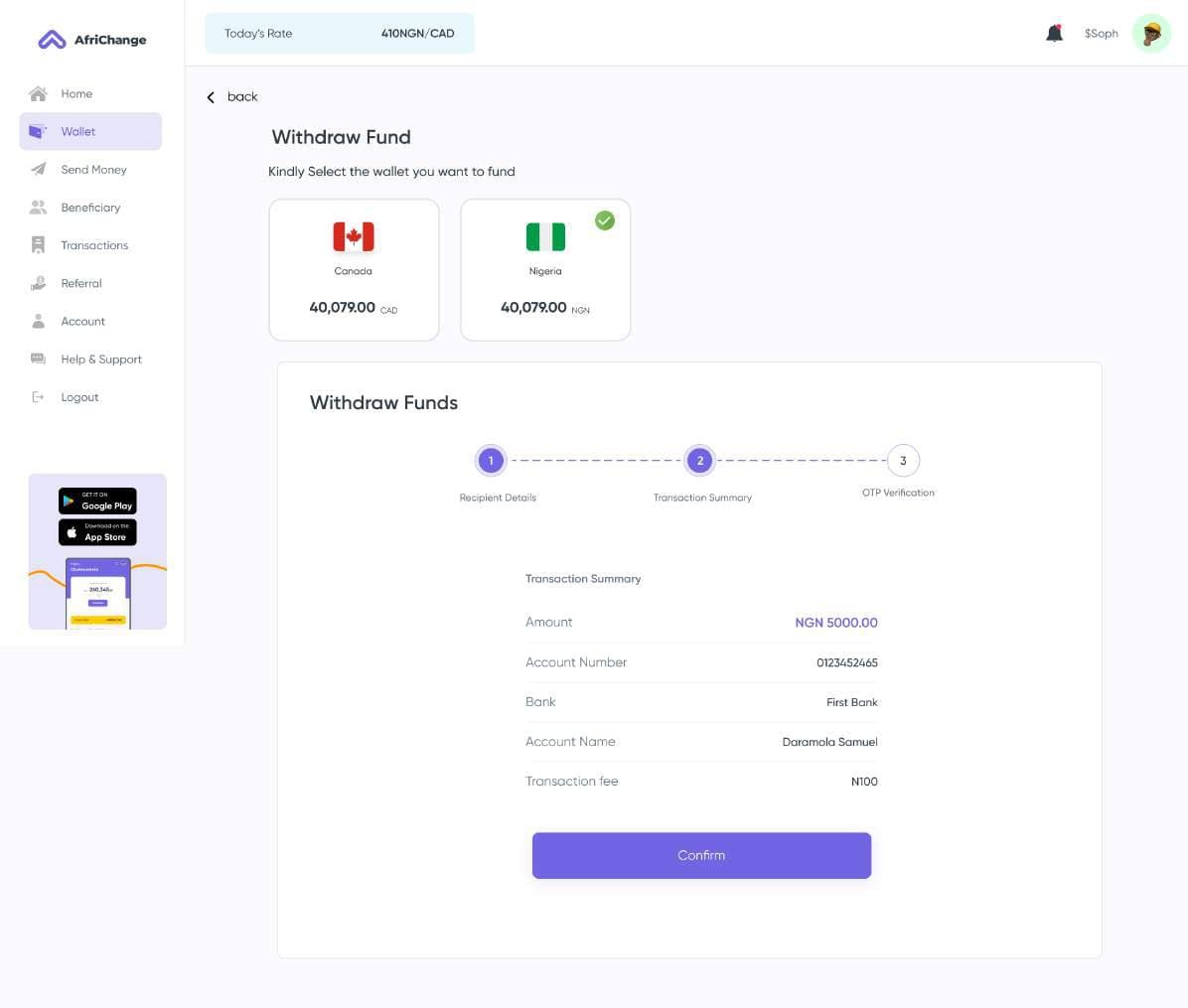 Web withdraw funds flow