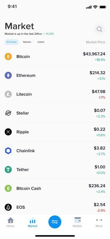 Market list of coins with prices and changes